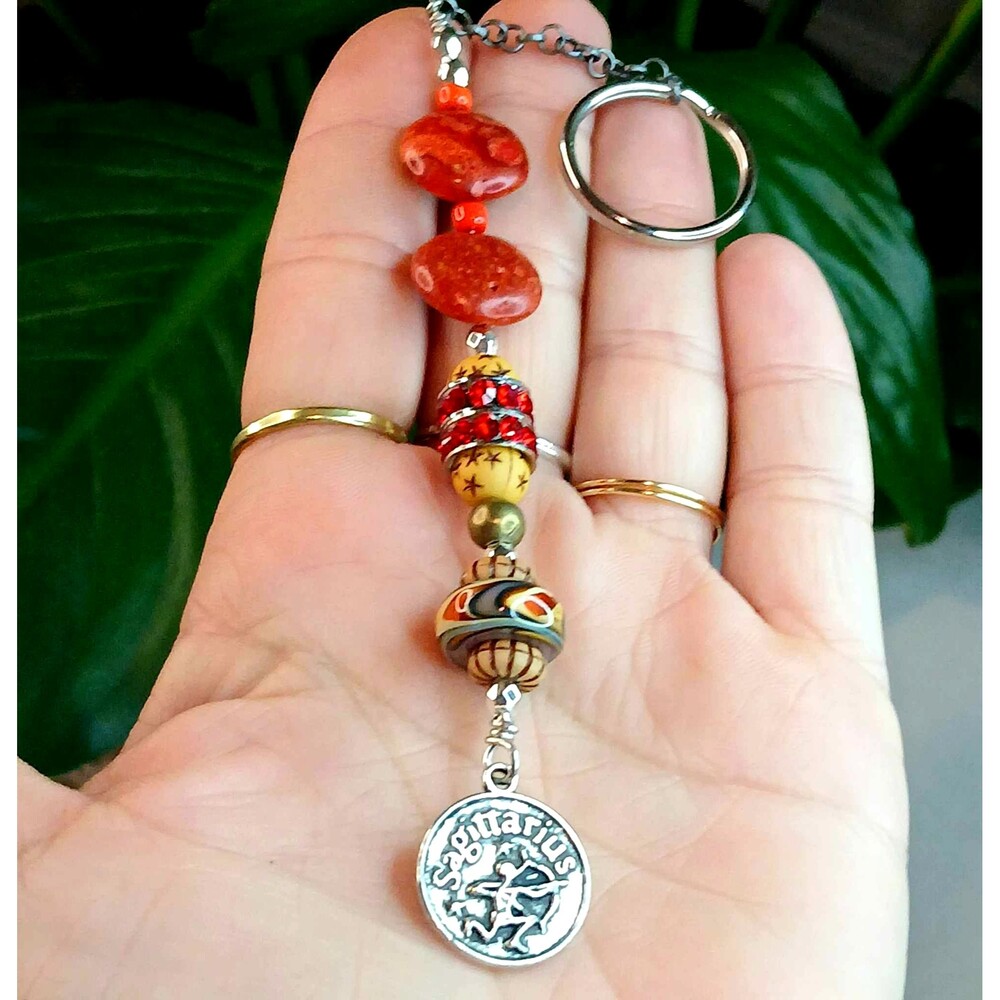 Sagittarius Beaded Key Chain, Zodiac Gemstone Crystal Bohemian